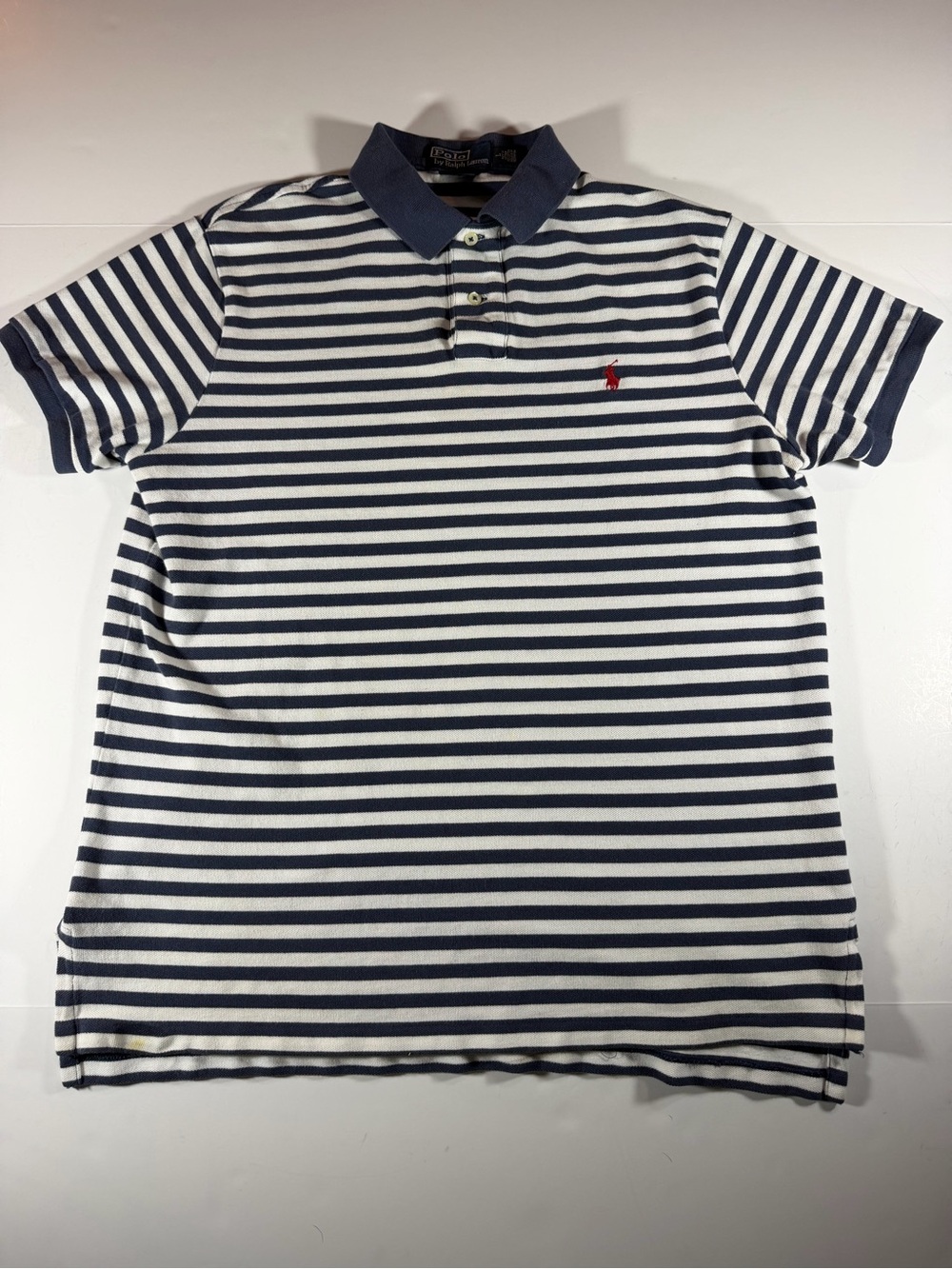 Polo by Ralph Lauren Navy and White Striped Short-Sleeve Polo with Red Pony